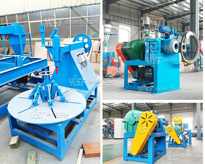 tire cutting machine line including tire circle cutter strip cutter block cutter and rim separator